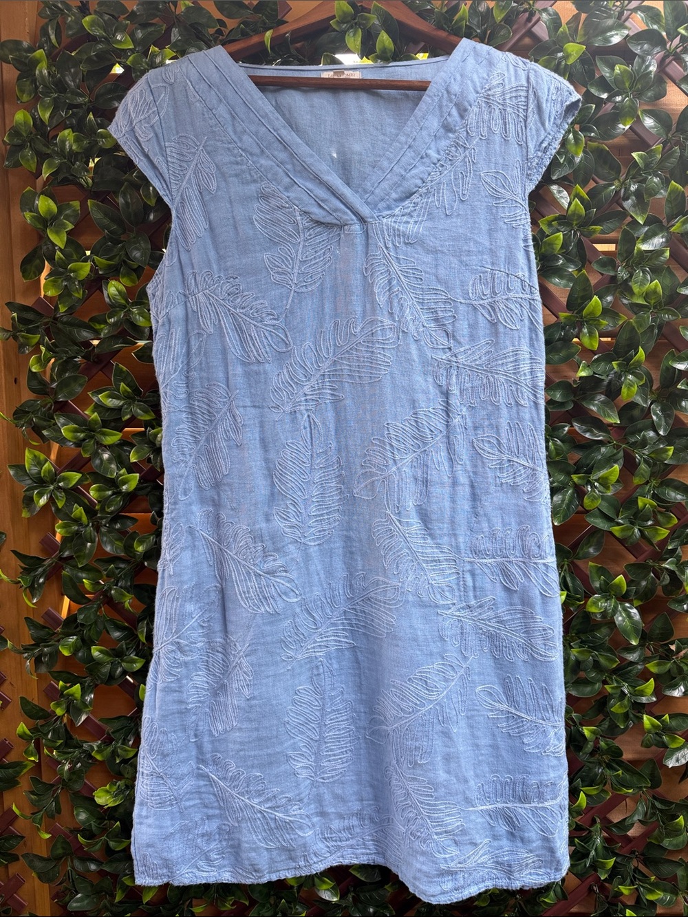 Lina Tomei Linen Light Blue Embroidered V-Neck Dress Made in Italy.